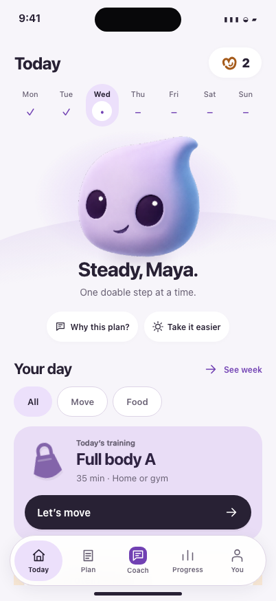 Prototype Today screen: the Povi character above the greeting ‘Steady, Maya.’, a week strip with two days checked, and today’s training card ‘Full body A · 35 min · Home or gym’.