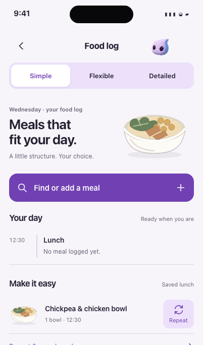Prototype food log in Simple mode showing a lunch entry with no calorie totals and a saved meal, ‘Chickpea & chicken bowl’.